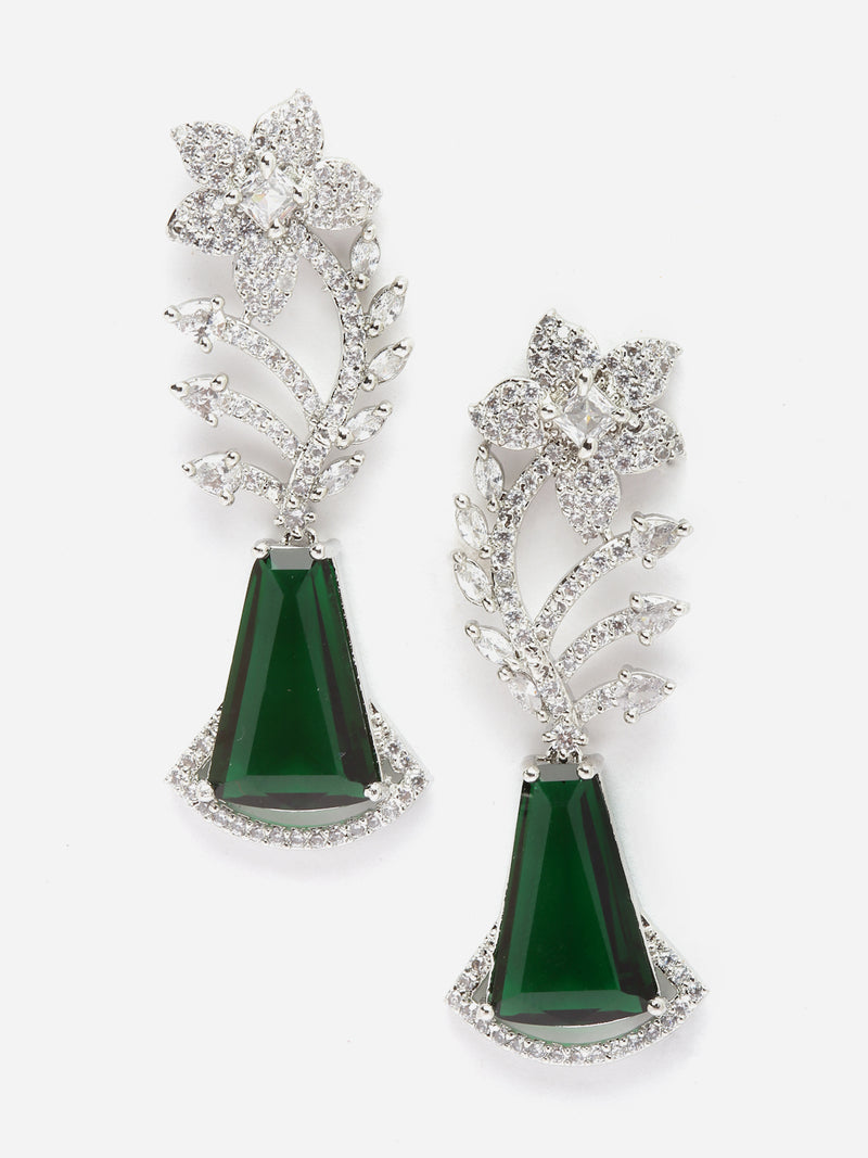 Rhodium-Plated Green & White American Diamond studded Floral Theme Drop Earrings