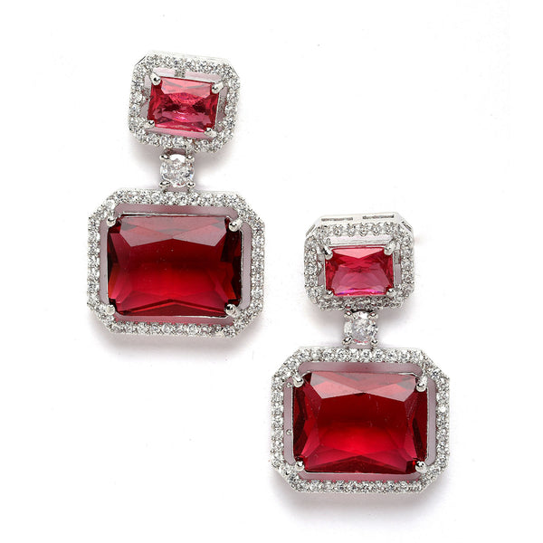 Rhodium-Plated Silver Toned Red & White American Diamond studded Square Shaped Drop Earrings