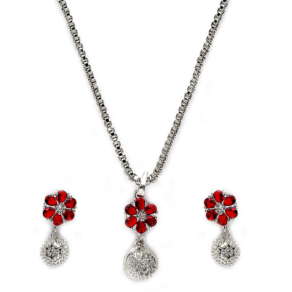 Rhodium-Plated Silver Toned Red Cubic Zirconia studded Floral Shaped Cute Pendant with Earrings
