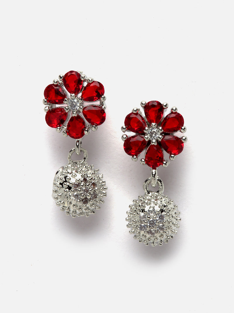 Rhodium-Plated Silver Toned Red Cubic Zirconia studded Floral Shaped Cute Pendant with Earrings