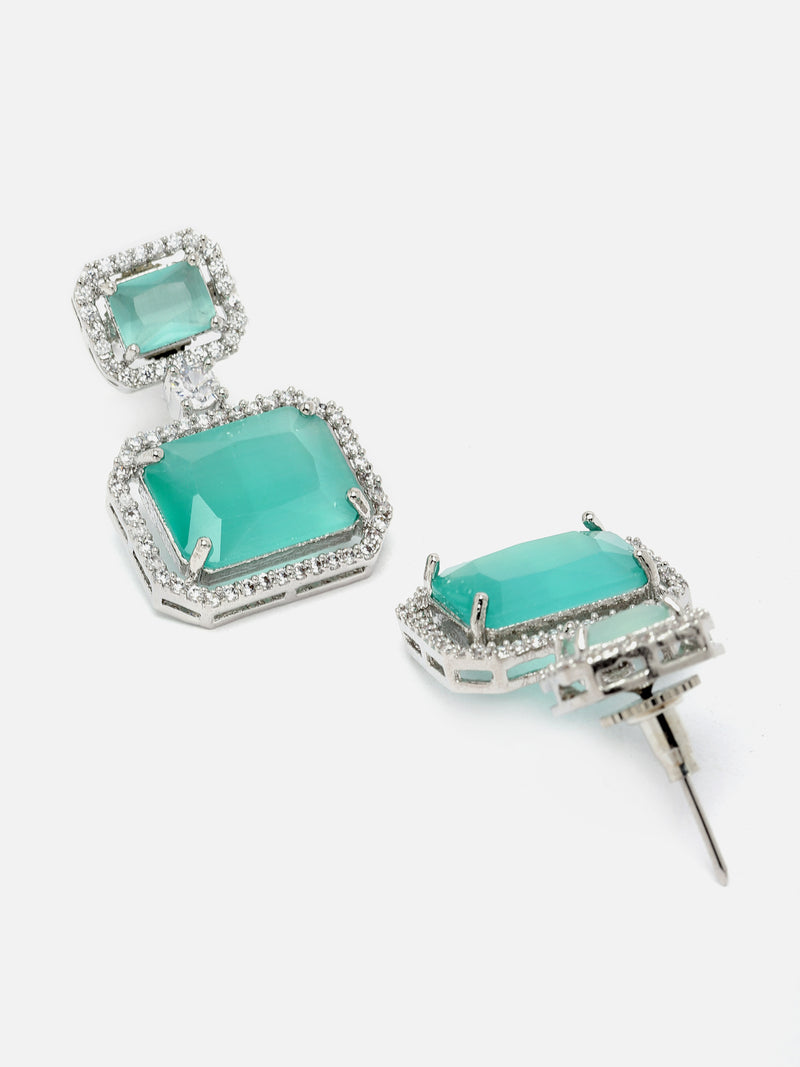 Rhodium-Plated Silver Toned Sea Green & White American Diamond studded Square Shaped Drop Earrings