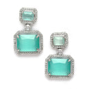 Rhodium-Plated Silver Toned Sea Green & White American Diamond studded Square Shaped Drop Earrings