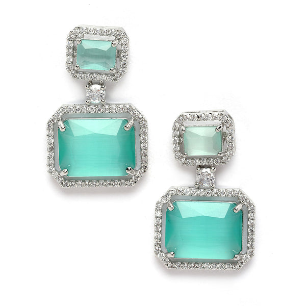 Rhodium-Plated Silver Toned Sea Green & White American Diamond studded Square Shaped Drop Earrings