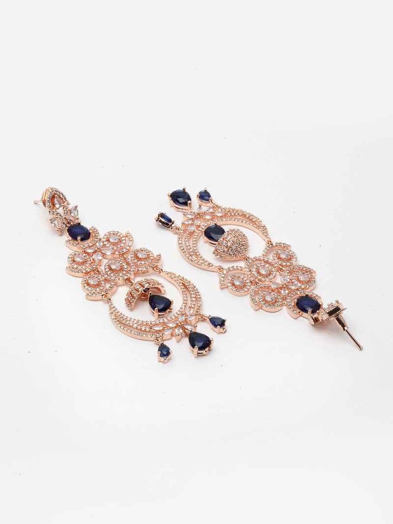 Navy Blue American Diamond with Rose Gold-Plated Contemporary Chandbalis Earrings