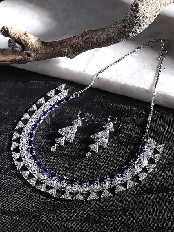 Rhodium-Plated Navy Blue American Diamond Studded Triangular Design Necklace & Earrings Jewellery Set