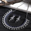 Rhodium-Plated Navy Blue American Diamond Studded Triangular Design Necklace & Earrings Jewellery Set