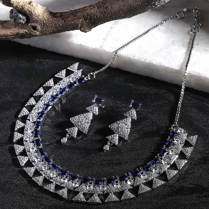 Rhodium-Plated Navy Blue American Diamond Studded Triangular Design Necklace & Earrings Jewellery Set