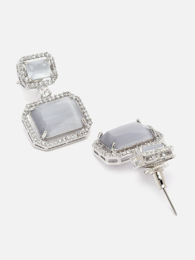Rhodium-Plated Silver Toned Grey & White American Diamond studded Square Shaped Drop Earrings