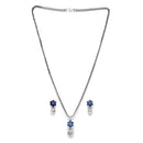 Rhodium-Plated Silver Toned Navy Blue Cubic Zirconia studded Floral Shaped Cute Pendant with Earrings