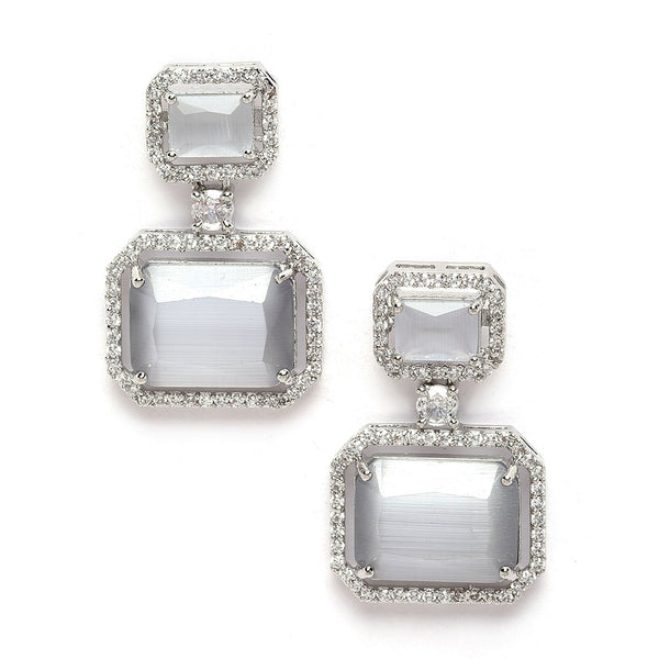 Rhodium-Plated Silver Toned Grey & White American Diamond studded Square Shaped Drop Earrings