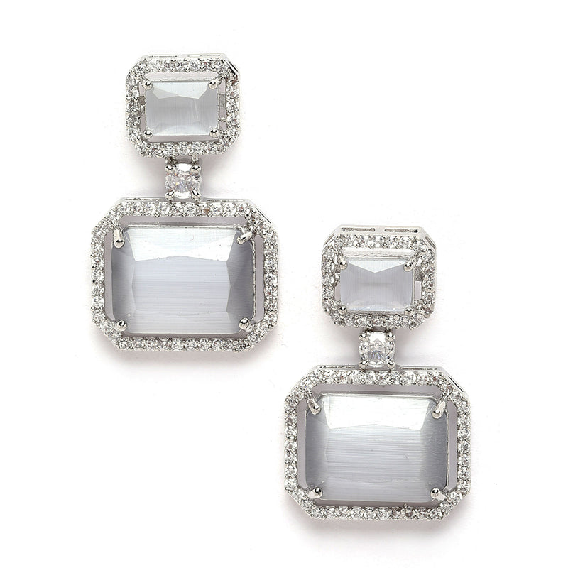 Rhodium-Plated Silver Toned Grey & White American Diamond studded Square Shaped Drop Earrings