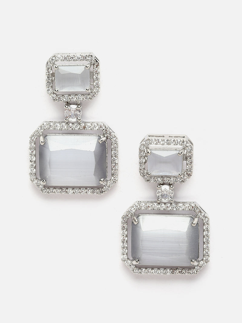 Rhodium-Plated Silver Toned Grey & White American Diamond studded Square Shaped Drop Earrings