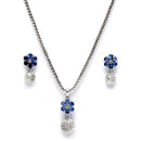 Rhodium-Plated Silver Toned Navy Blue Cubic Zirconia studded Floral Shaped Cute Pendant with Earrings