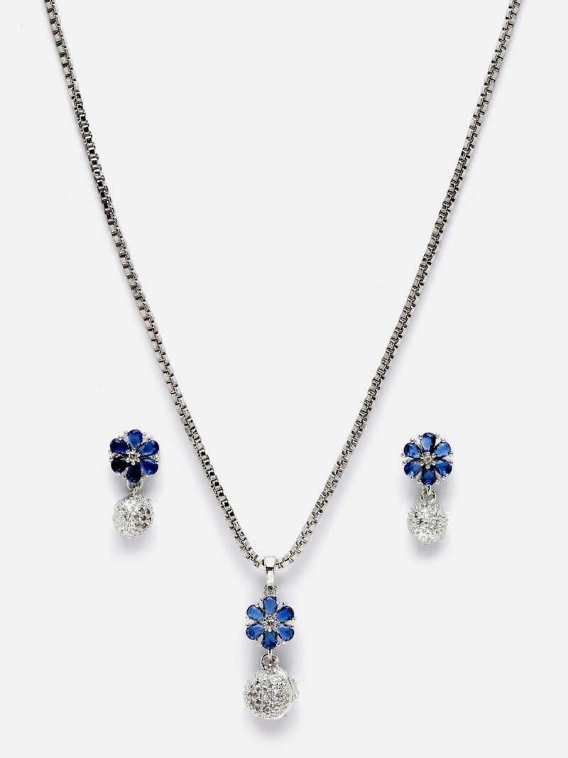 Rhodium-Plated Silver Toned Navy Blue Cubic Zirconia studded Floral Shaped Cute Pendant with Earrings