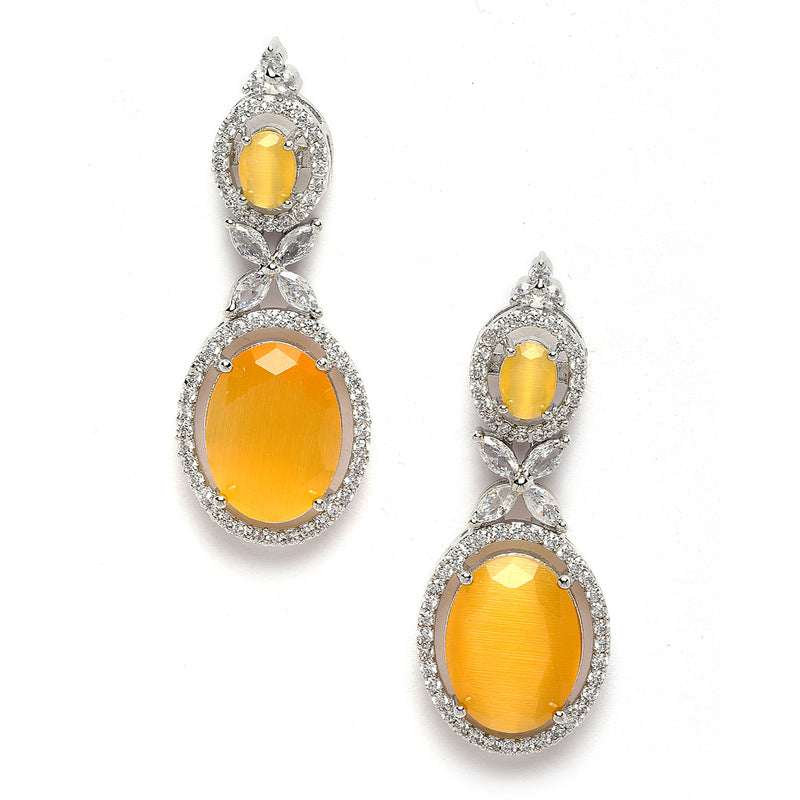 Rhodium-Plated Silver Toned Pink & White American Diamond studded Oval Shaped Drop Earrings