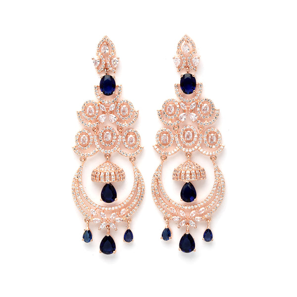 Navy Blue American Diamond with Rose Gold-Plated Contemporary Chandbalis Earrings