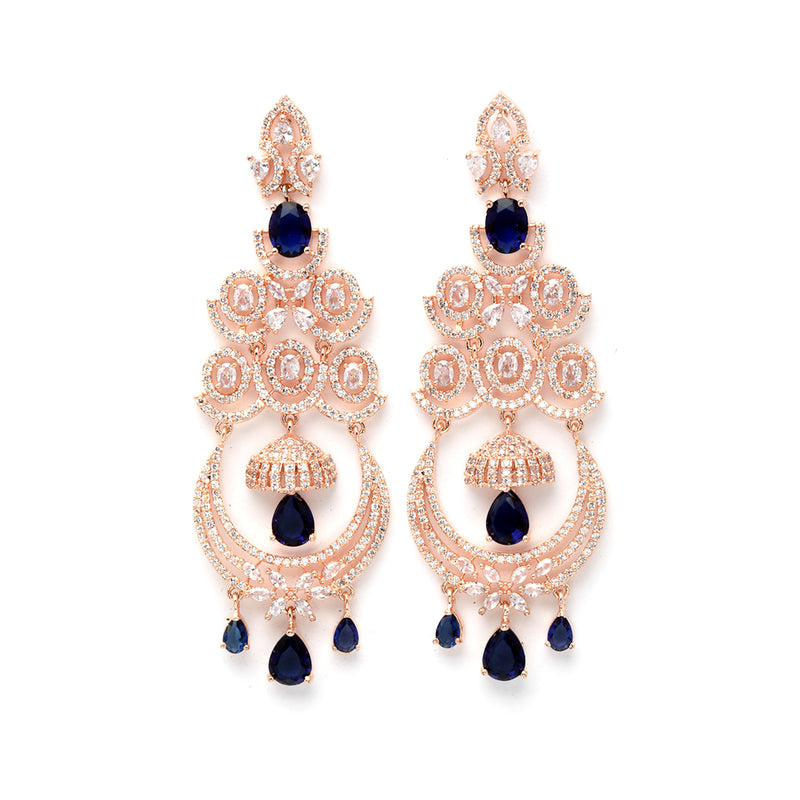 Navy Blue American Diamond with Rose Gold-Plated Contemporary Chandbalis Earrings