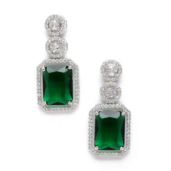 Rhodium-Plated Silver Toned Green & White American Diamond studded Geometric Shaped Drop Earrings