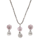 Rhodium-Plated Silver Toned Pink Cubic Zirconia studded Floral Shaped Cute Pendant with Earrings