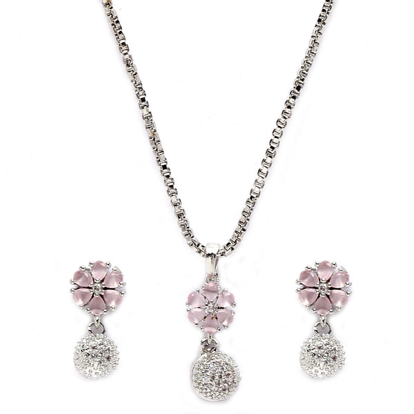 Rhodium-Plated Silver Toned Pink Cubic Zirconia studded Floral Shaped Cute Pendant with Earrings