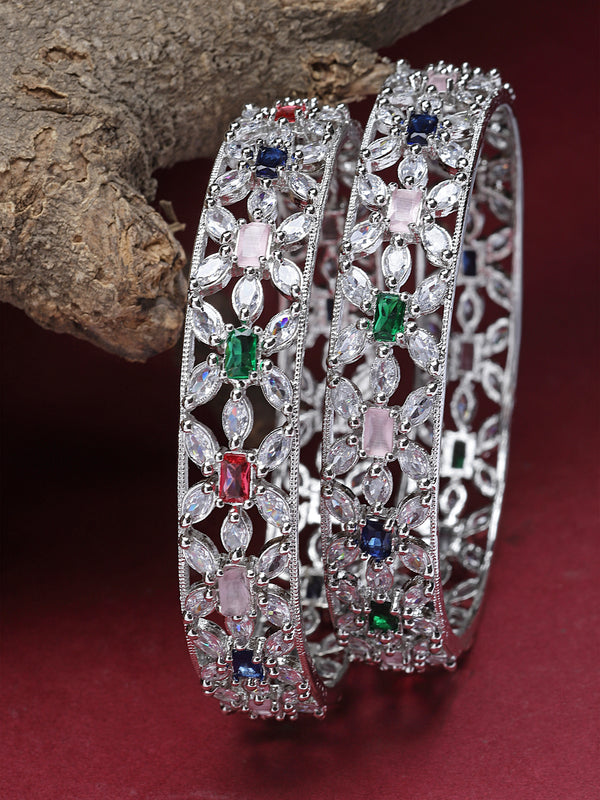Rhodium-Plated Multi-Colour American Diamond Studded Handcrafted Bangles Set of 2