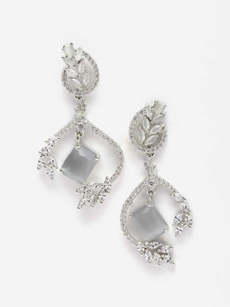 Rhodium-Plated Grey American Diamond studded Square & Leaf Shaped Drop Earrings