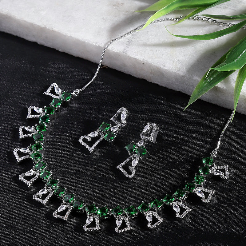 Rhodium-Plated Green American Diamonds Studded Cordate Necklace & Earrings Jewellery Set
