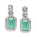 Rhodium-Plated Silver Toned Sea Green & White American Diamond studded Geometric Shaped Drop Earrings