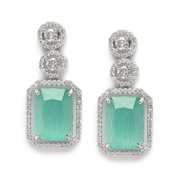 Rhodium-Plated Silver Toned Sea Green & White American Diamond studded Geometric Shaped Drop Earrings