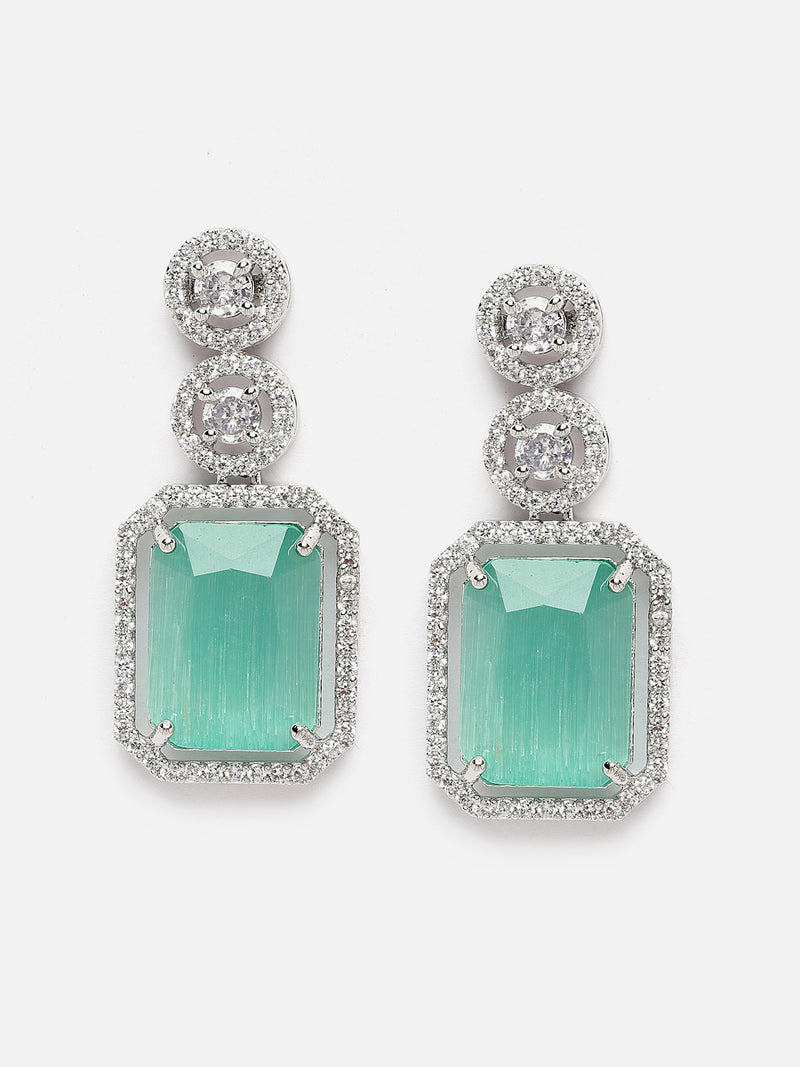 Rhodium-Plated Silver Toned Sea Green & White American Diamond studded Geometric Shaped Drop Earrings