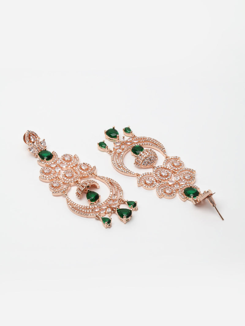 Green American Diamond with Rose Gold-Plated Contemporary Chandbalis Earrings