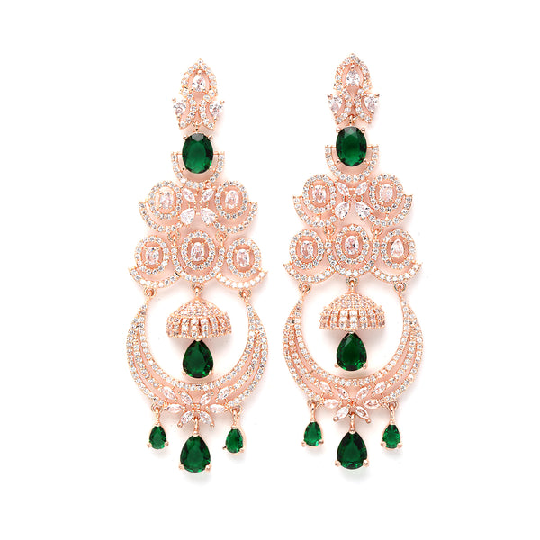 Green American Diamond with Rose Gold-Plated Contemporary Chandbalis Earrings