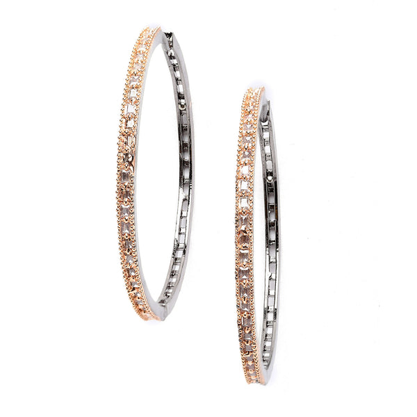Rose Gold-Plated Gunmetal Toned White American Diamond studded Circular Shaped Hoop Earrings