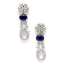 Rhodium-Plated Navy Blue American Diamond studded Floral Shaped Drop Earrings