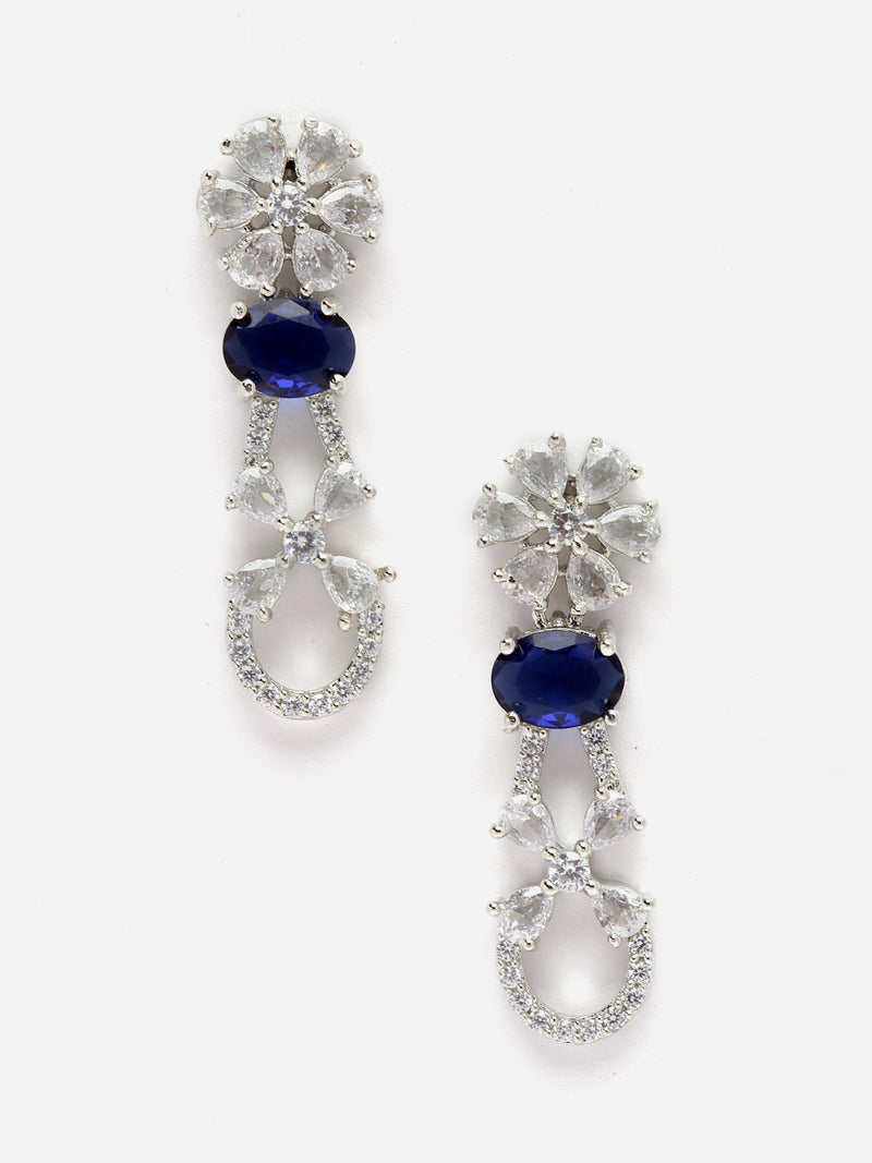 Rhodium-Plated Navy Blue American Diamond studded Floral Shaped Drop Earrings