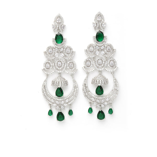 Green & White Rhodium-Plated with Silver-Tone American Diamond Chandelier Earrings