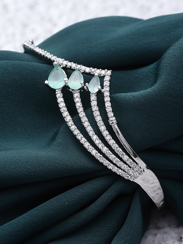 Rhodium-Plated Sea Green Teardrop Shape American Diamond Studded Kada Bracelet