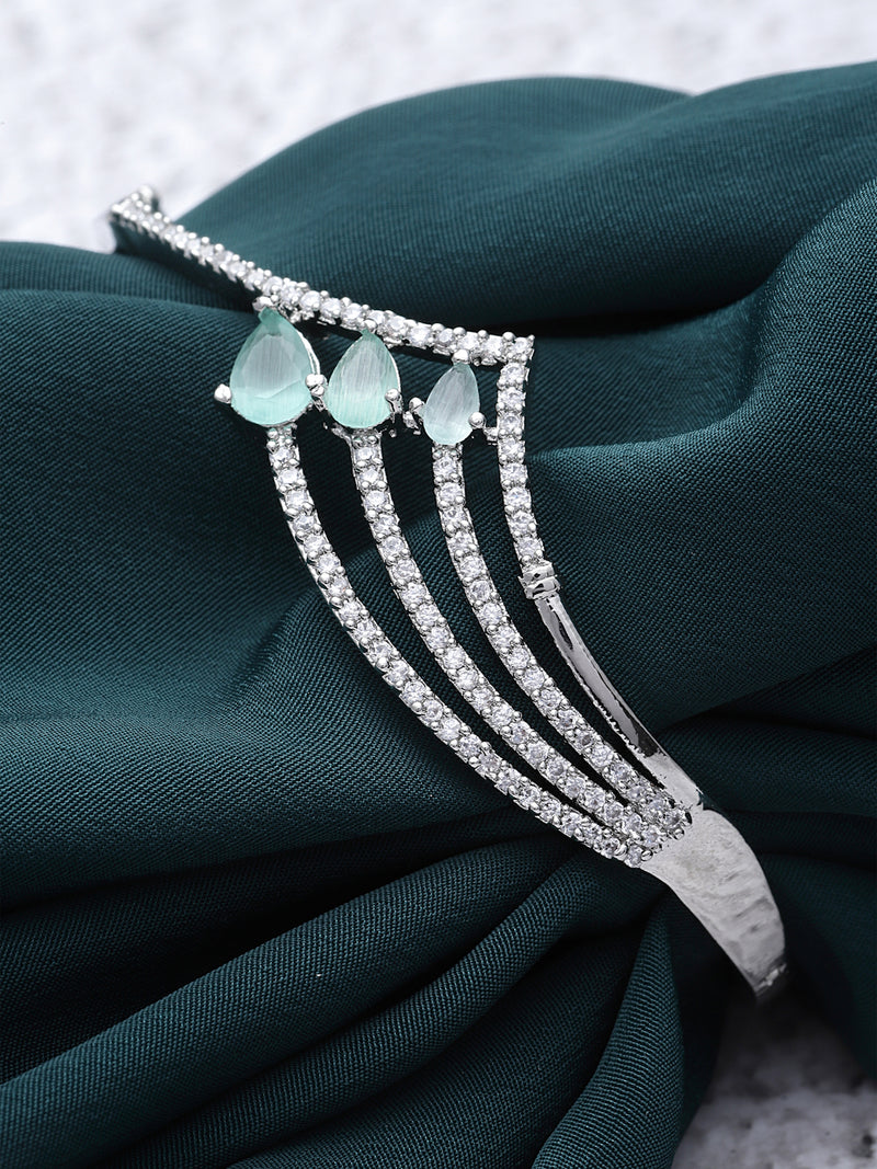 Rhodium-Plated Sea Green Teardrop Shape American Diamond Studded Kada Bracelet