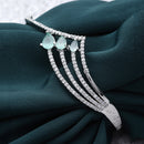 Rhodium-Plated Silver Toned Teardrop Shaped Sea Green  American Diamond Studded Bracelet