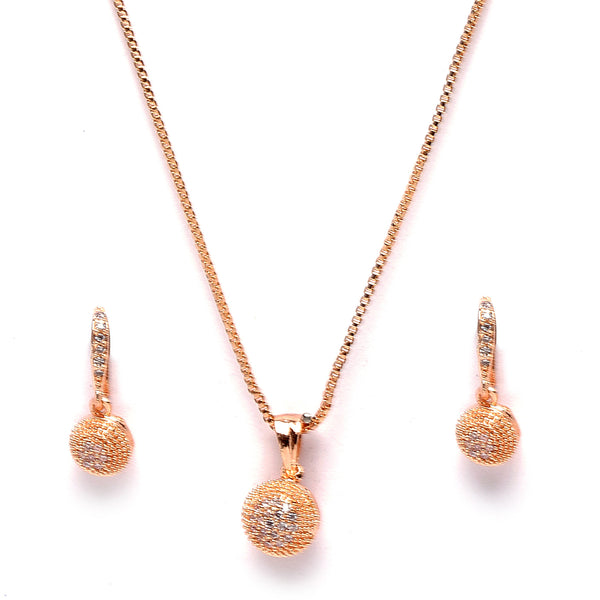Rose Gold-Plated White Cubic Zirconia studded Round Shaped Pendant with Earrings