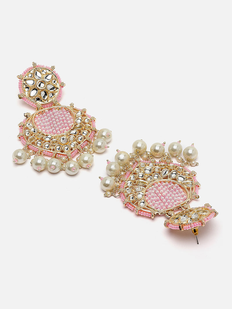 Gold-Plated Pink Beads White Pearls & Kundan studded Handcrafted Crescent Shaped Drop Earrings