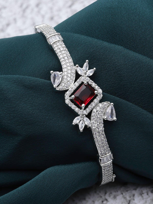 Rhodium-Plated Red American Diamond Studded Kada Bracelet