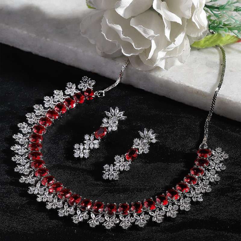 Rhodium-Plated Red American Diamonds Studded Wacky Necklace & Earrings Jewellery Set