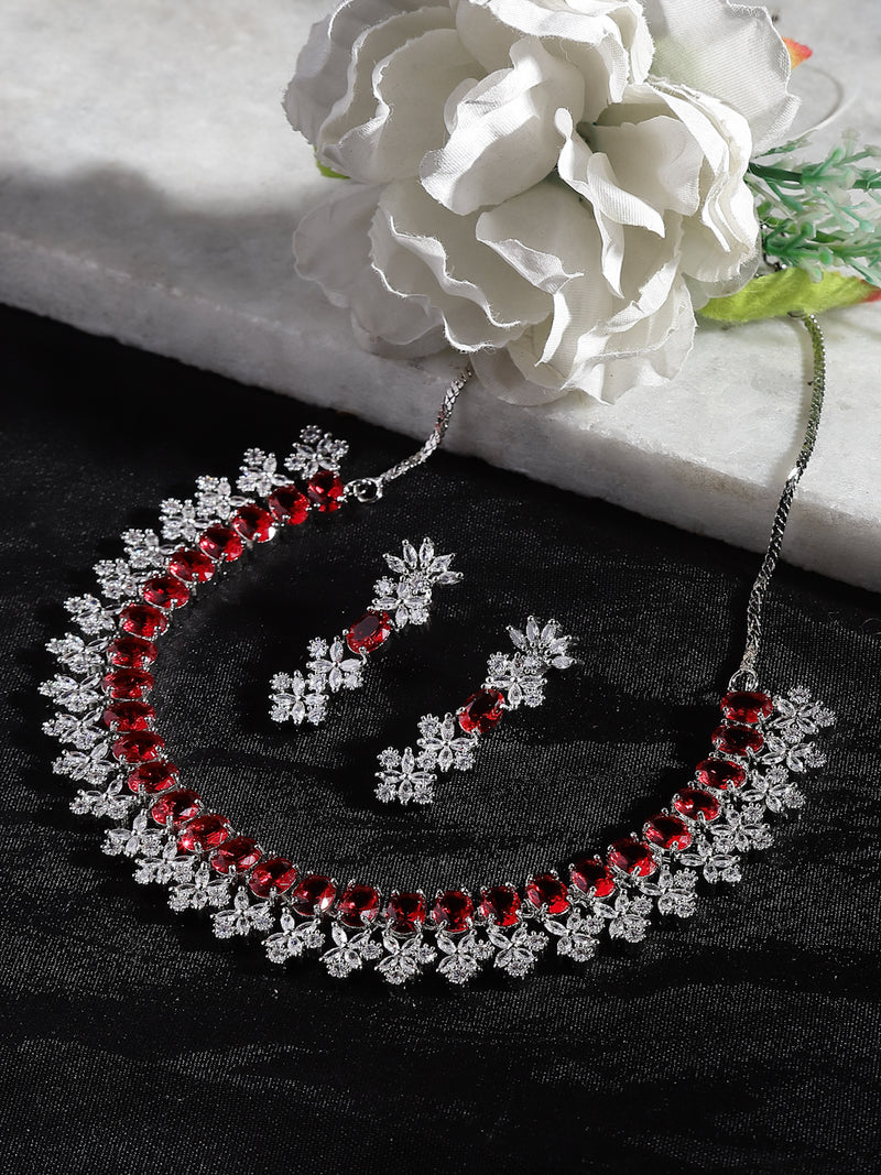 Rhodium-Plated Red American Diamonds Studded Wacky Necklace & Earrings Jewellery Set
