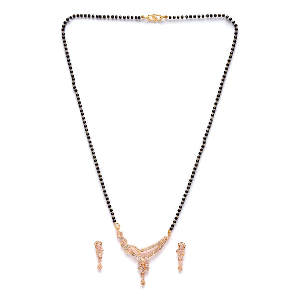 Rose Gold-Plated White American Diamond Studded & Black Beads Beaded Mangalsutra with Earrings