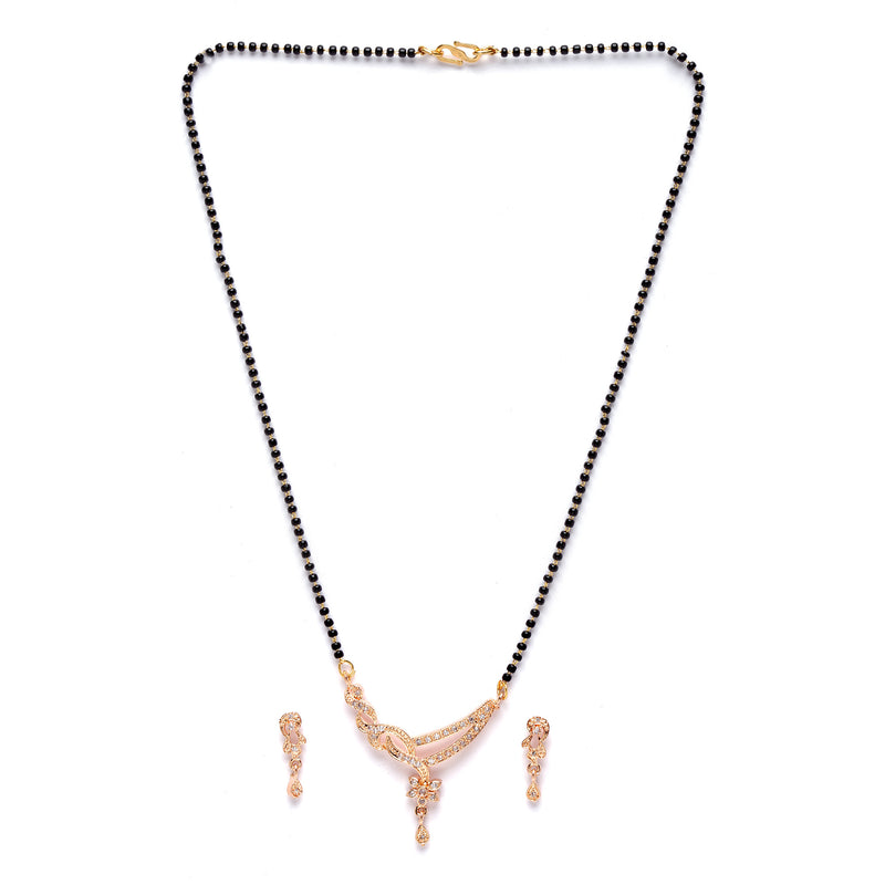 Rose Gold-Plated White American Diamond Studded & Black Beads Beaded Mangalsutra with Earrings