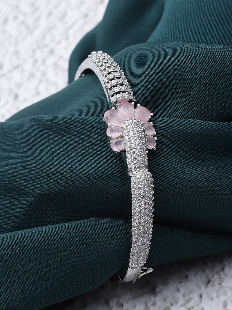 Rhodium-Plated Pink American Diamond Studded Floral Kada Bracelet