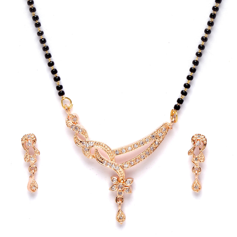 Rose Gold-Plated White American Diamond Studded & Black Beads Beaded Mangalsutra with Earrings