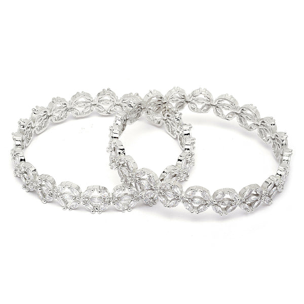 Rhodium-Plated Silver Toned White Floral American Diamond studded Bangles Jewellery Set (Set Of 2)