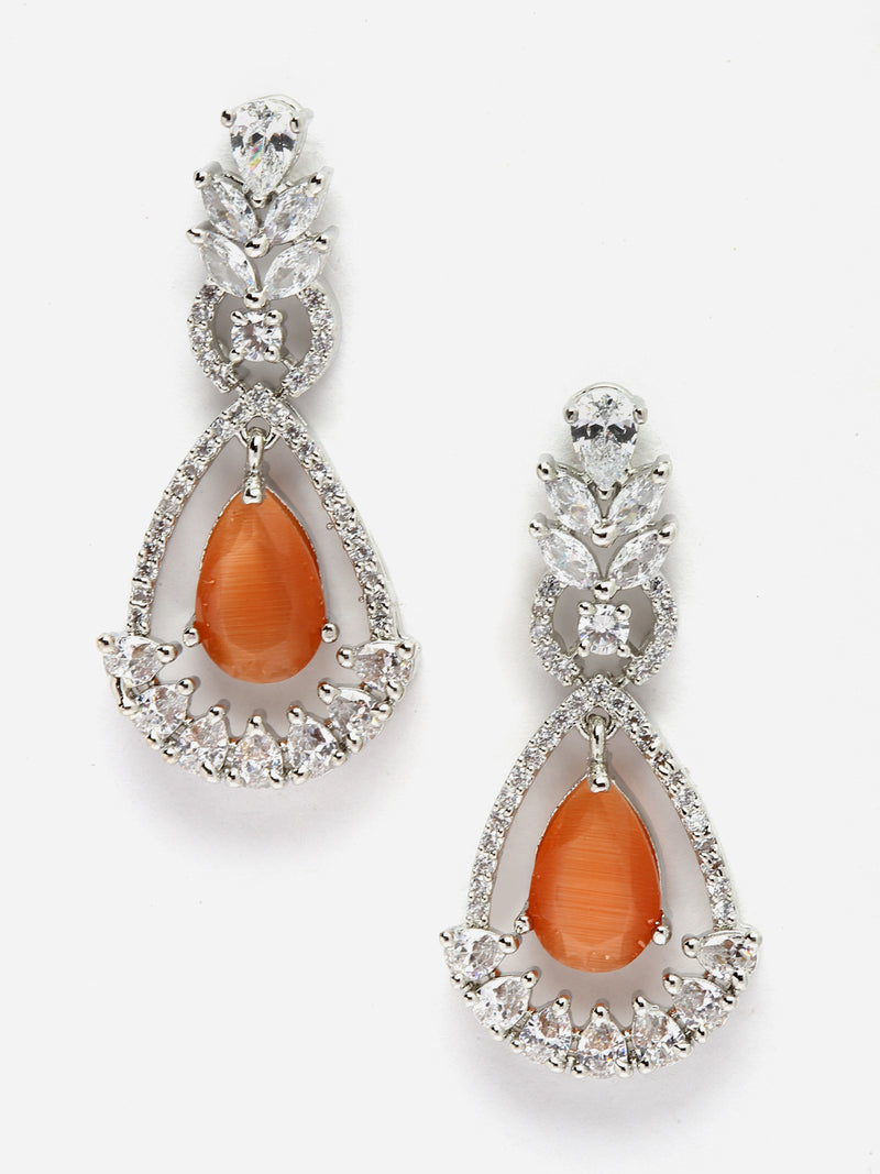 Rhodium-Plated Orange American Diamond studded Teardrop & Leaf Shaped Drop Earrings